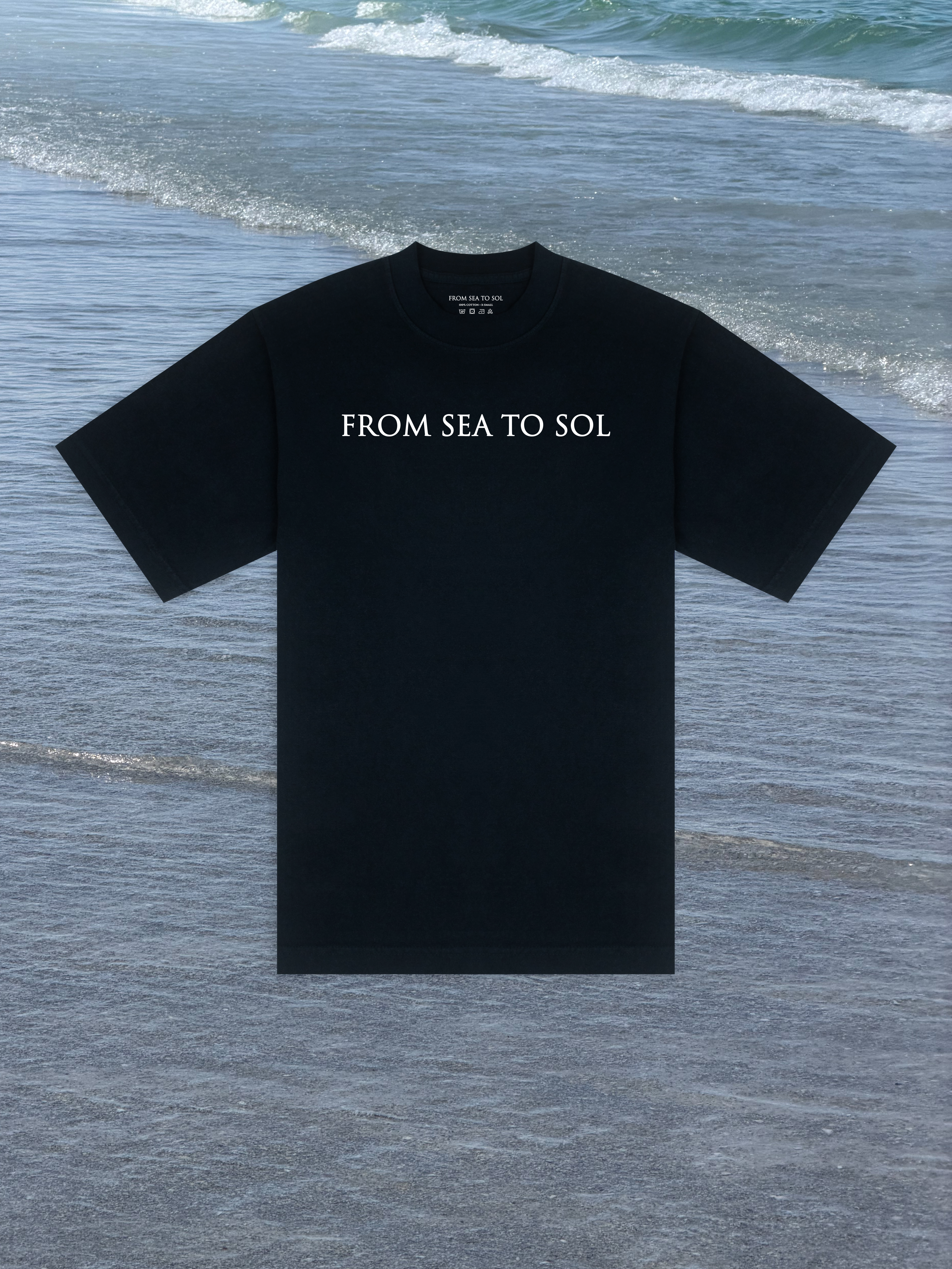 Black t-shirt with 'FROM SEA TO SOL' text on a white background