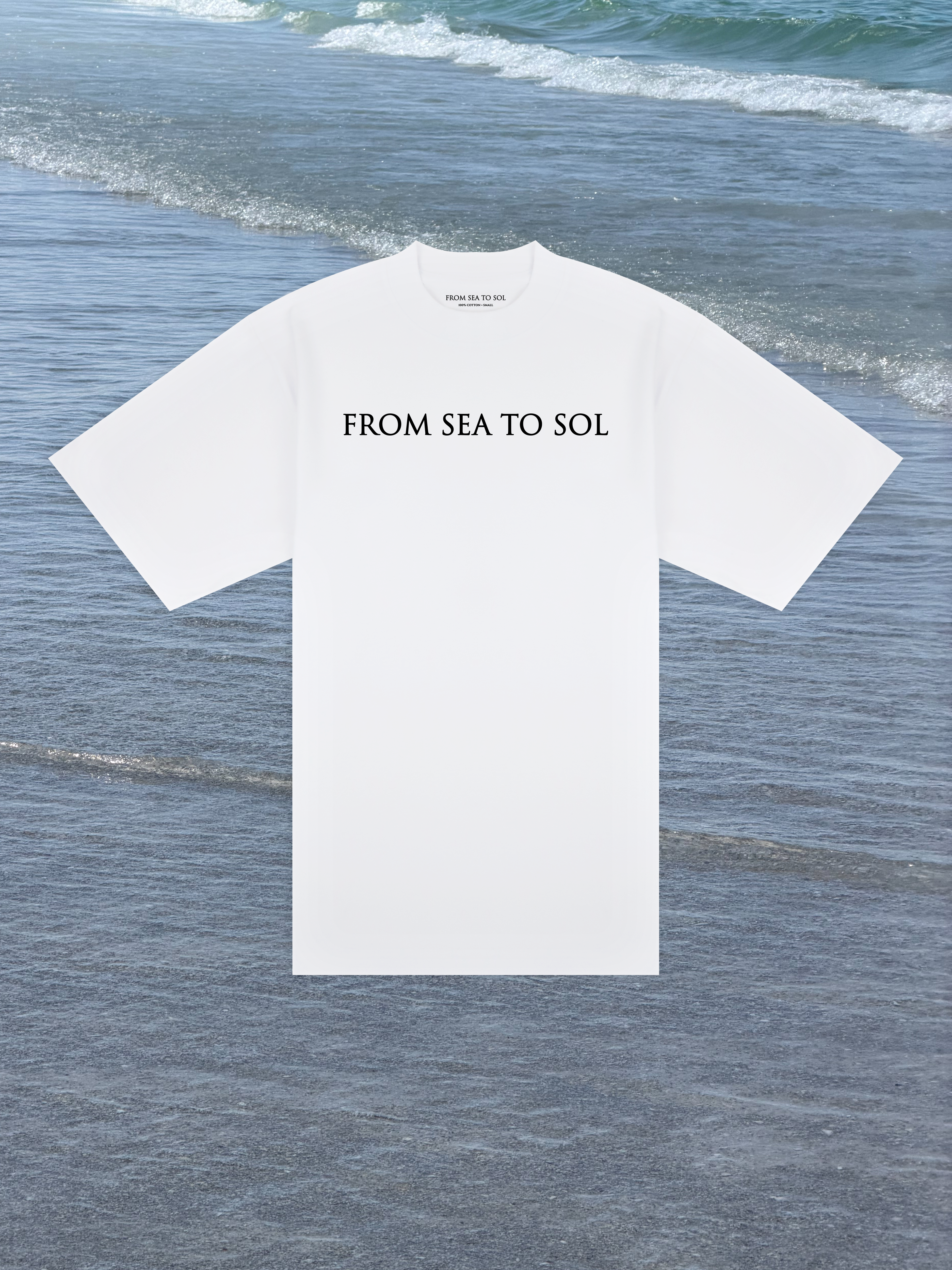 White t-shirt with 'FROM SEA TO SOL' text on a white background