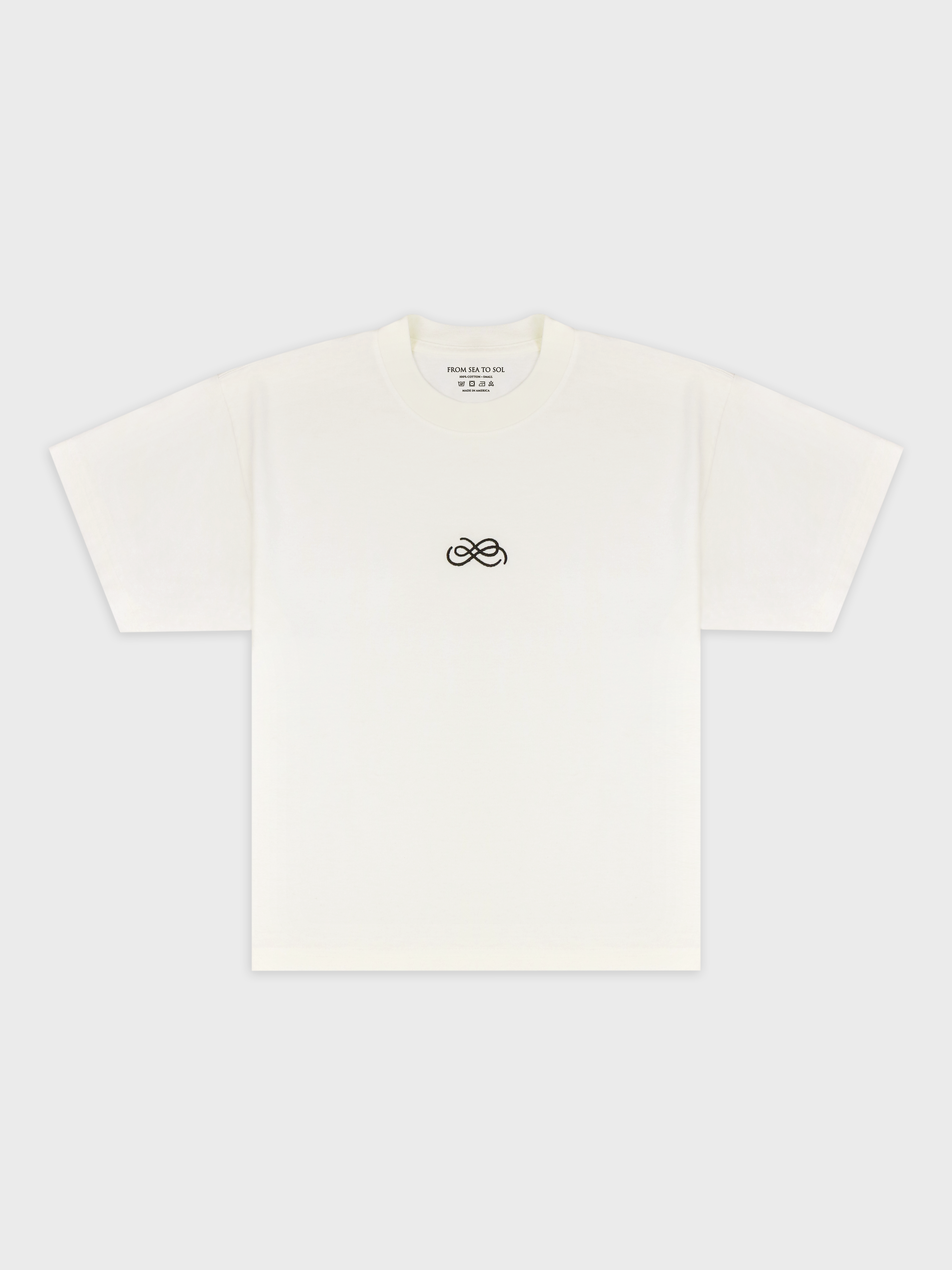 Off white t-shirt with a black double 'S' logo on a white background